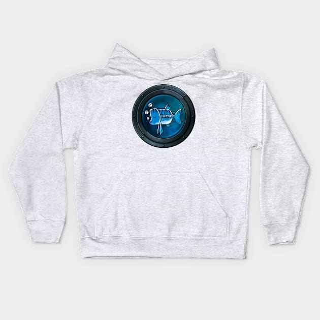 A Sleepy Blue Fish framed by a Porthole Kids Hoodie by Wozzozz